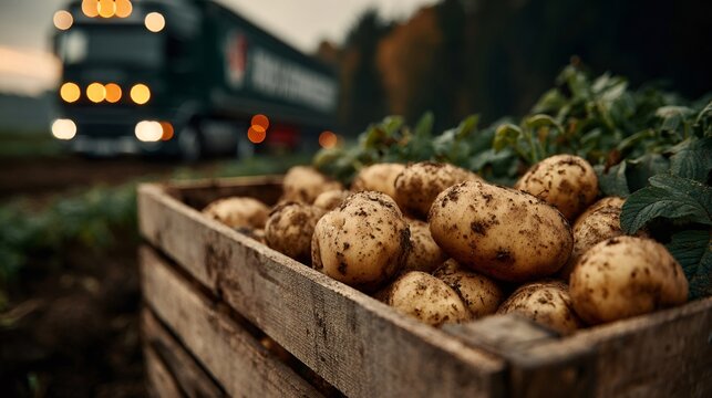 Harvested potatoes in wooden crate with truck in background