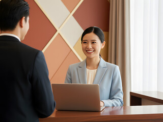 Female receptionist serves guest with friendly smile professionally modern