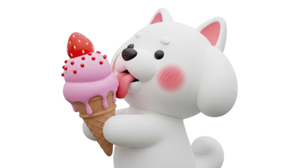 Cute White Dog Eating Strawberry Ice Cream