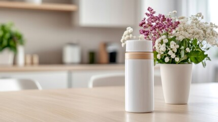 Water bottle and flowers on modern kitchen table