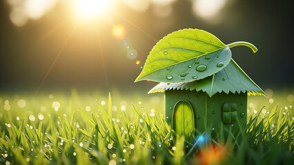 Eco Friendly Mini House with Leaf Roof in Morning Dew &ndash; Green Living Concept