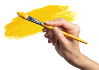 Hand paints a swatch with yellow brushstrokes on a dark, transparent background