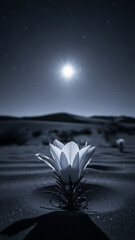Black and White Desert Night with Lone Flower Under Moonlight