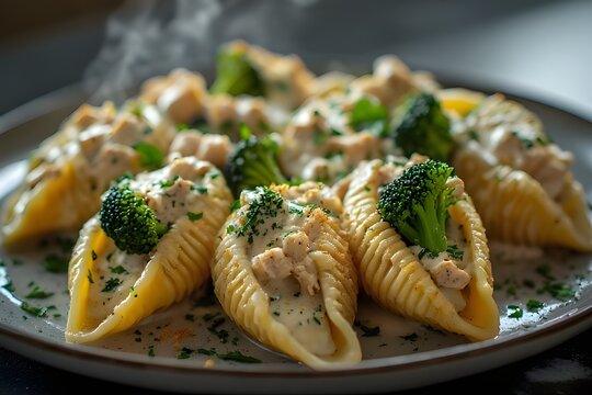 chicken and broccoli stuffed pasta shells on a plate
