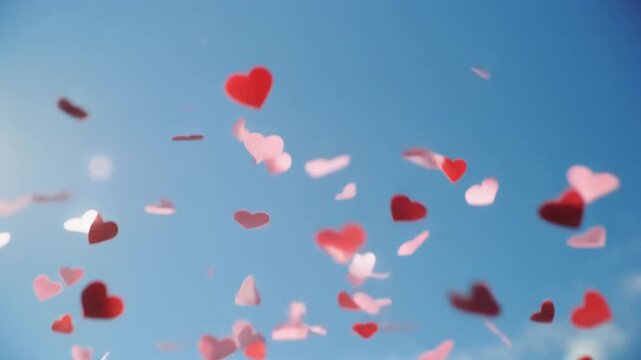 motion cinematic video of heart-shaped confetti gently falling from a clear bright