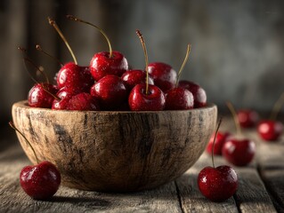 Fresh cherries glisten in a rustic wooden bowl on a table, evoking a bountiful harvest scene