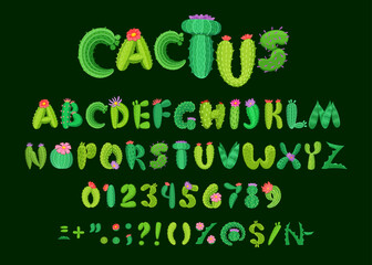 Succulent font, cartoon cacti type letters, cactus plants typeface. Cartoon vector tropical kids abc, alphabet numbers and punctuation symbols is shaped like a cactus plant with flowers and thorns © Seavector