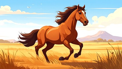Majestic Horse Galloping Freely Across the Golden Prairie Landscape.
