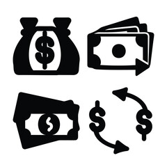 Money bag, cash, payment, and currency exchange financial icons. Vector