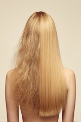 Hair transformation showing the contrast between frizzy and smooth blonde hair in a minimalistic setting