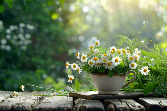 Serene Chamomile Tea Cup with Fresh Flowers in Lush Green Garden