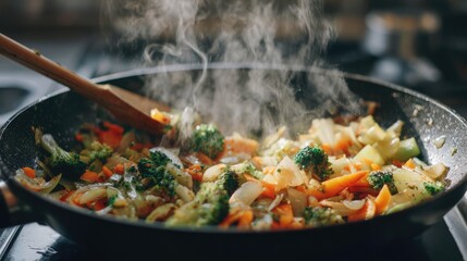 Fresh vegetables sizzling in a black frying pan. Organic bio food on a stove in the kitchen. Healthy nutritious cooking