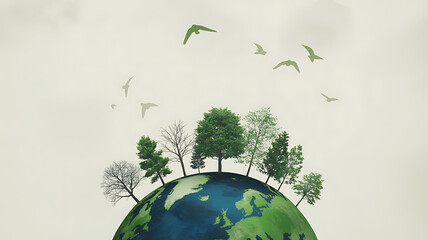 A thriving miniature Earth with many trees and birds flying across a soft muted sky