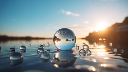 A transparent glass sphere sits in shallow water showcasing an inverted landscape reflection at sunset