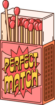 Valentines cartoon groovy match box. St Valentine romantic festive comic decoration, romance day isolated vector object. Love holiday element with paper box full of matches and yellow funky typography