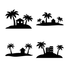 Tropical island vector silhouettes with palm trees and houses Vector