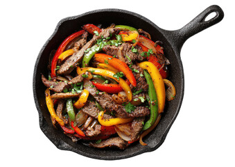 Sizzling fajitas in cast iron pan with colorful peppers, onions, and herbs