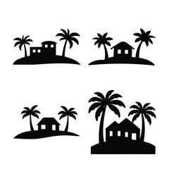 Tropical island paradise: beach house and palm trees silhouette Vector
