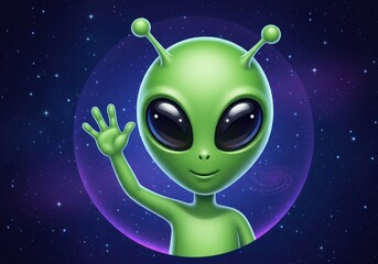 A friendly green alien with big black eyes waving its hand in a purple space background