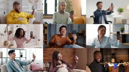 A collection of individuals from various backgrounds interact through smartphones, enjoying video calls. This set illustrates the universal appeal of online communication across different settings. - Powered by Adobe