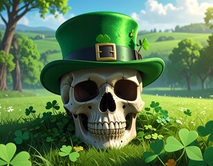Skull wearing green top hat in clover field, green hills behind