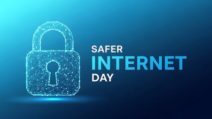 Safer internet day concept with glowing blue lock on gradient background
