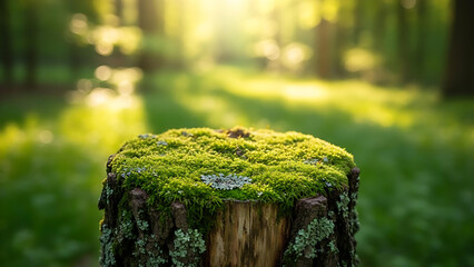 Green Moss on Tree Stump in Soft Sunlight Forest &ndash; Peaceful Nature Background