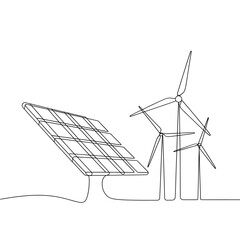Line art depiction of solar panels and wind turbines for renewable energy