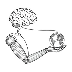 A robotic arm holding a world globe connected to a human brain sketch