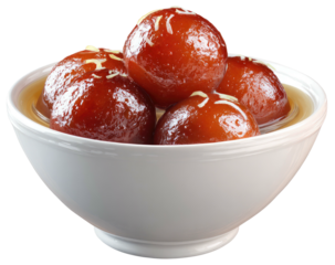 Bowl of glazed, round, brown sweets in liquid, topped with thin white strands