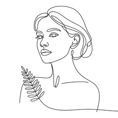 Elegant woman s face with botanical fern detail in continuous line drawing