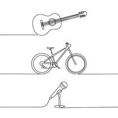 Line art illustration of a guitar bicycle and microphone on white background
