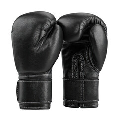 Two black leather boxing gloves sit side-by-side, textured surface visible