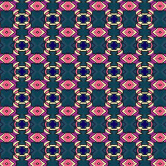 Obraz premium Seamless geometric abstract pattern with repeating shapes in pink and teal, decorative symmetry for background, textile design, wallpaper and abstract art.