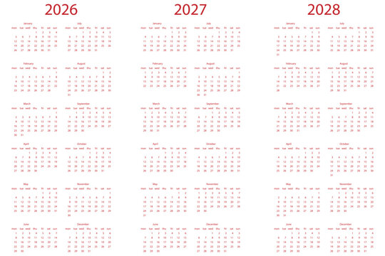 English 2026, 2027, 2028 calendar. Simple editable vertical vector calendar set perfect for planning scheduling organizing personal and business use. eps 10
