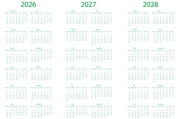 English 2026, 2027, 2028 calendar. Simple editable vertical vector calendar set perfect for planning scheduling organizing personal and business use. eps 10