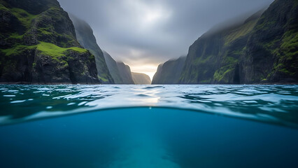 Blue Ocean Between Majestic Cliffs with Cloudy Sky &ndash; Dramatic Coastal Nature Scene