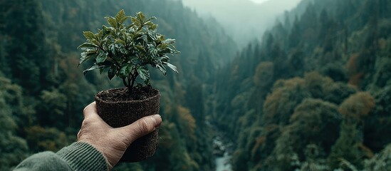 A hand holds a small plant against a backdrop of a vast, forested mountain valley