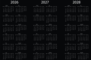 English 2026, 2027, 2028 calendar. Simple editable vertical vector calendar set perfect for planning scheduling organizing personal and business use. eps 10