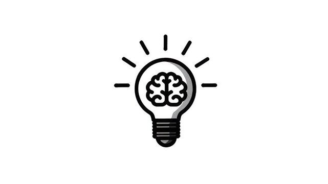 An illuminated light bulb with a brain inside, symbolizing ideas and innovation in a simple illustration style.