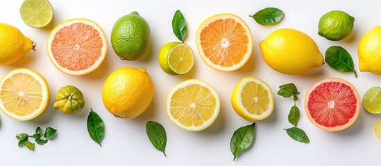 Citrus fruit flatlay lemons, limes, grapefruits. White background. Food blog, recipe