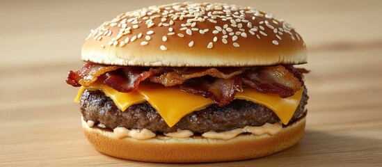 Juicy bacon cheeseburger on wood, close-up