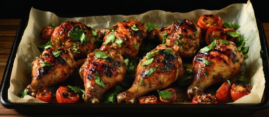 Grilled chicken drumsticks, roasted cherry tomatoes, herbs. Recipe idea