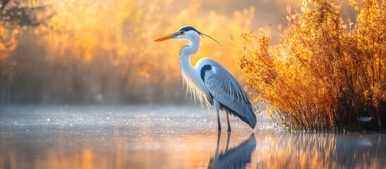 Heron sunrise lake autumn reeds nature wildlife