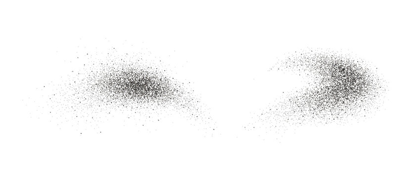 Black pepper powder splashes. Flying seasoning particles burst. Grey dust sand and dirt textured piles. Salt and pepper flakes scattered on surface. Dried spicy explosion. Vector illustration