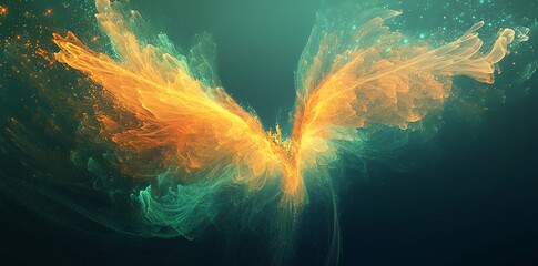 Abstract Fiery Orange and Green Butterfly Wing Design on Dark Background