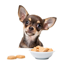 Chihuahua Puppy Portrait with Pet Treats Bowl. Small Dog & Snacks on White Background. on transparent background