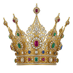 Ornate royal crown with jewels isolated on transparent background