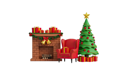Cozy Christmas Scene with Fireplace, Armchair, and Decorated Tree
