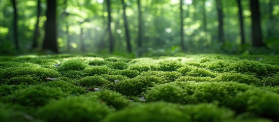 Lush green moss carpet in sun-dappled forest; nature background